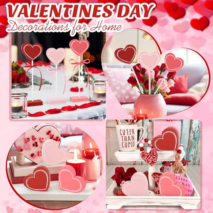 3 Pieces Valentine's Day Table Decorations Wooden Heart Set,Rustic Valentine's Day Tiered Tray Decor for Home Tables (Line) - style: Line