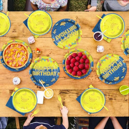 Grencian 96Pcs Yellow Cartoon Birthday Party Decorations Yellow Cartoon Paper Plates and Napkins Banana Theme Disposable Tableware for Banana Theme Birthday Decorations Serves 24 - style: Yellow Cowboy Birthday