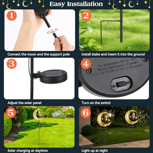 Lewondr 2Pcs Ramadan Solar Lights, Ramadan Decorations Outdoor, Metal Yard Signs LED Eid Decorations Mubarak Star Moon Lantern, Waterproof Solar Garden Stakes Lights for Walkway Lawn Patio - style: Moon and Lantern