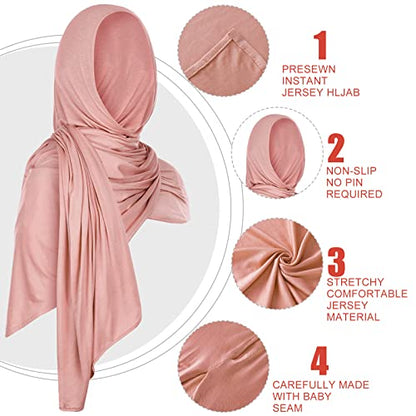 Vabean 4 Pcs Instant Hijab for Women Jersey Hijabs Pinless Ramadan Islamic Muslim Head Wraps Premium Head Scarf Shawl turban - color: Black, Dusty Rose, Vanilla, Gray