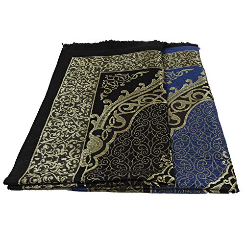 Modefa Muslim Woven Chenille Prayer Rug, Ottoman Black + Blue | Thin Chenille and Taffeta Turkish Intricate Metallic Ottoman Salah Mat - color: Black + Blue