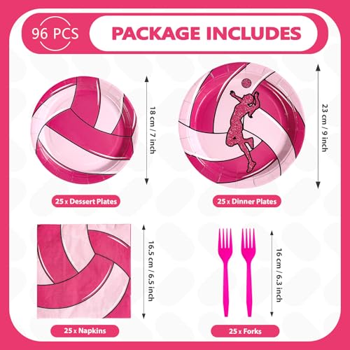 Grencian 96Pcs Pink Volleyball Party Supplies Volleyballs Paper Plates and Napkins Sports Birthday Party Disposable Tableware for Girl Volleyball Birthday Decorations Serves 24 - style: Pink Volleyball Party