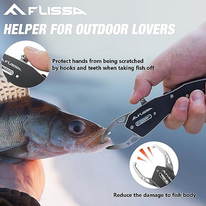 FLISSA Fish Gripper, Fish Lip Grip Tool with Carabiner and Spring Anti-Lost Rope, Durable Stainless Steel Fish Grabber Gripper, Lightweight Holder for Fishing, Corrosion Resistant & Portable