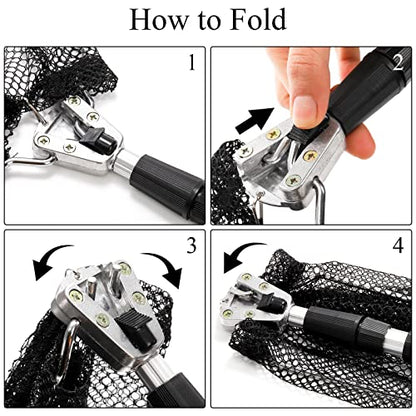 2 Pack Fishing Net with Telescopic Pole Handle, Fish Landing Net with Sturdy Collapsible Handle, Folding Nylon Mesh Landing Net for Saltwater and Freshwater, Extend to 51 in(Black, White)
