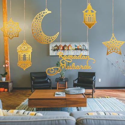 6pcs Ramadan Ornaments, Acrylic Ramadan Kareem Decoration Eid Mubarak Pendant Wind Light Moon Star Shaped Ramadan Decor for Hanging on Walls Windows Trees (Golden)