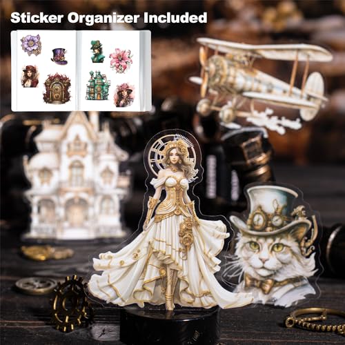 120Pcs Steampunk PET Stickers, Scrapbook Stickers Kit for Journaling, Ephemera Packs for Junk Journals, with Sticker Organizer - color: Mechanical Experiment