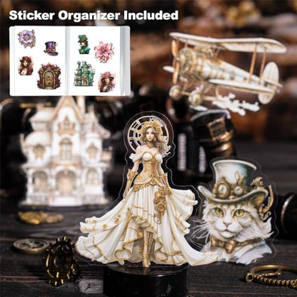120Pcs Steampunk PET Stickers, Scrapbook Stickers Kit for Journaling, Ephemera Packs for Junk Journals, with Sticker Organizer - color: Mechanical Experiment