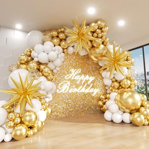 White and Gold Balloon Arch Kit, 146Pcs Explosion Star White Metallic Gold Latex Balloon Garland kit, 22 18 12 10 5 Inch Different Size Balloons for Anniversary Birthday Engagements Party Decorations - color: White and Gold