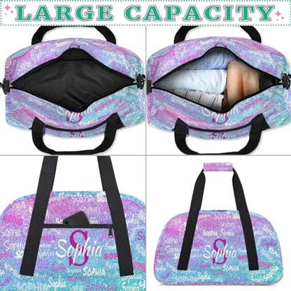 Custom Dance Sleepover Bag for Girls, Light Blue Purple Glitters Bling | Personalized Duffle Bag Overnight Ballet Bag Toddler Ballet Bag Gym Duffle Bag for Travel Weekend - color: Color 21