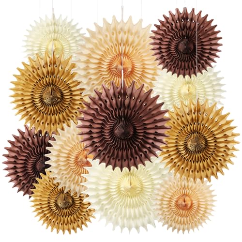 12PCS Paper Fans Brown Neutral Boho Party Decorations Tissue Paper Flowers Decorations for Girl Groovy Birthday Baby Shower Wedding Bachelorette Room Wall Hanging Décor - color: Neutral