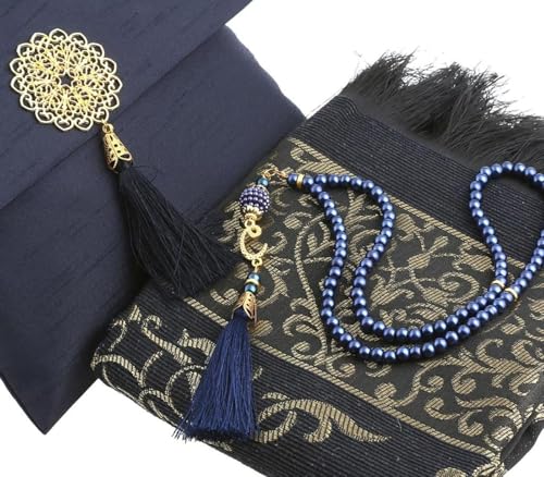 Premium Area Rug for Islamic Prayers - Muslim Prayer Mat and Rug for Men with Arabic Gifts - Traditional Islamic Prayer Rug Islam - سجادة صلاة Included - color: Navy Blue