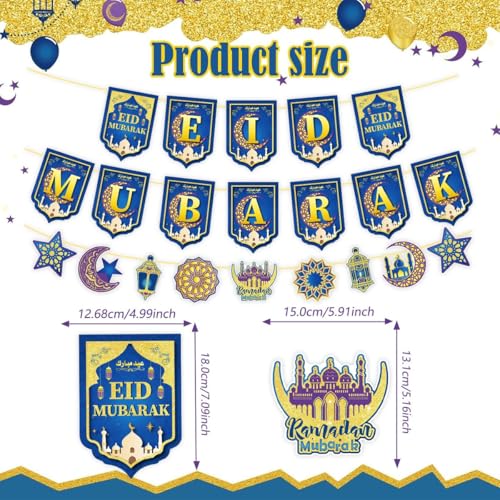 Ramadan Decorations for Home,Blue and Gold Ramadan Eid Mubarak Banner, Hanging Swirls Streamer Bunting for Muslim Islamic Kareem Festival Al-Fitr Iftar Party Favors Supplies