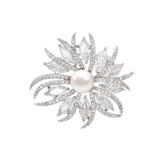 Rhinestone Flower Brooch - Crystal Flower Pin for Women - Valentine's Day & Mother's Day Gift - color: Platinum Pearl Flower