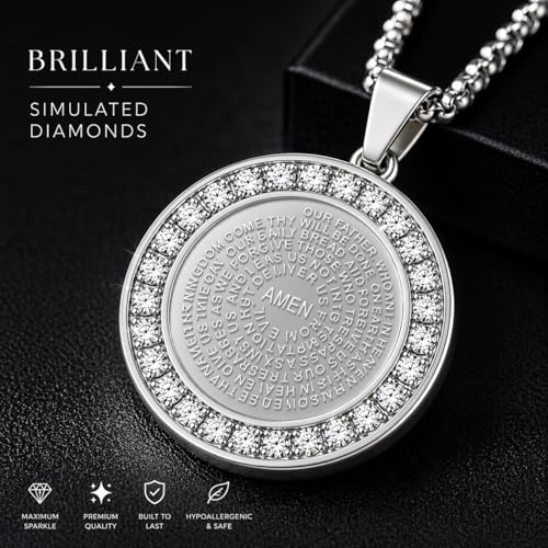 Steeltime Stainless Steel Lords Prayer Necklace with Simulated Diamonds - color: Silver, style: Reversible Round Pendant