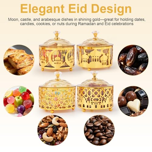 4 Pcs Eid Mubarak Plates with Lids Metal Gold Moon Castle Star Arabesque Ramadan Serving Tray, Food Container for Cookie Candy Pastry Dessert, Ramadan Decorations Table Display Set