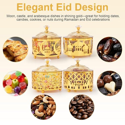 4 Pcs Eid Mubarak Plates with Lids Metal Gold Moon Castle Star Arabesque Ramadan Serving Tray, Food Container for Cookie Candy Pastry Dessert, Ramadan Decorations Table Display Set