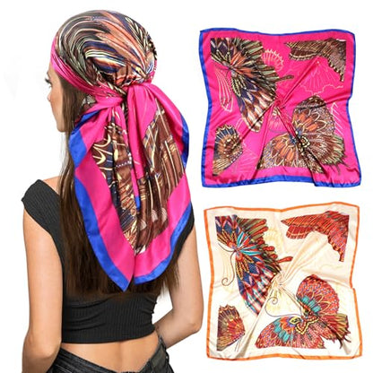 vimate 35" Square Silk Like Head Scarf - Women's Fashion Satin Scarf Bandana for Hair Wrapping at Night. - color: H4#. Style--138-2 Pack