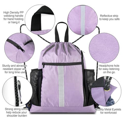 BeeGreen Lilac Drawstring Backpack Bag Gym Sports Backpack with Shoe Compartment and Two Water Bottle Holder for Women Men Large String Athletic Sackpack Workbag - color: Lilac, style: Drawstring With Shoe Compartment