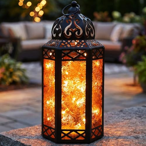 Vela Lanterns Decorative Indoor Fairy Light Halloween Holder, Amber, L | Orange Fall Decorations, Fantasy Moroccan Candle Lamp, Turkish Metal Hanging, Diwali & Eid, Porch Patio, 12" Tall - color: Black/Amber, size: Large