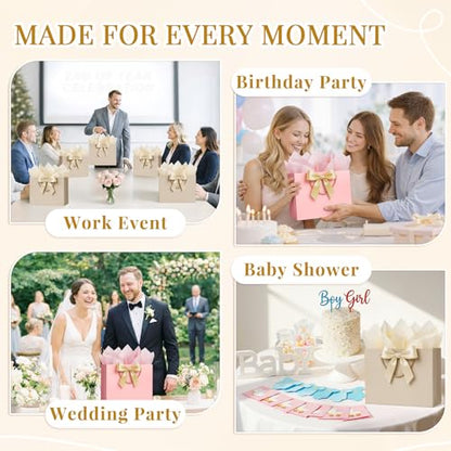 ANZNKU 2PCS Gift Bags for Women Pink & Beige, Medium Gift Bags with Handles 4 Tissue Paper 2 Ribbons 2 Cards for Her Wedding Graduation Birthday Engagement Bridal Baby Shower Party Favors Presents - color: Beige+Pink