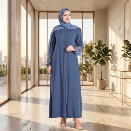 Women's Embroidered Sleeves Abaya and Embroidered On The Side of The Zipper Long Sleeve Floor Length Turkish Fashion - color: Blue, size: 3X-Large