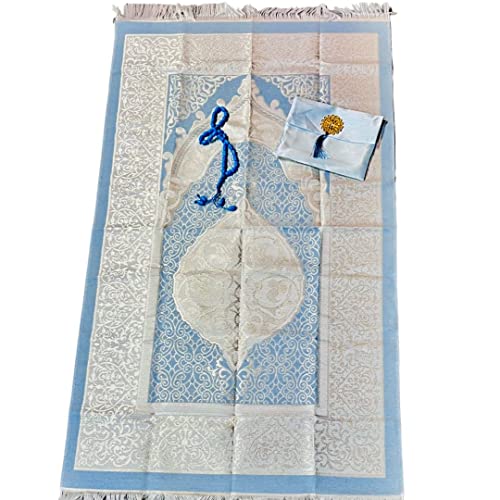 Islamic Prayer Mat, Turkish Prayer Rug with Pouch and Ornament Sealing, Portable Prayer Mat with Handy Pouch, Islamic Carpet Pad Ideal for Travelling (44" x26” with Free Tasbeeh) (Blue) - color: Blue