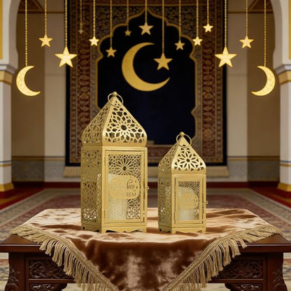 Ramadan Lanterns Gold Metal Islamic Fanous Hanging Candle Holder Decor for Ramadan & Eid, Eid Decorations for Home Table Window Porch, Large 14.6" & 11.4" Set of 2