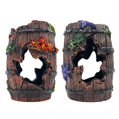 GSD Star-Fish Broken Barrel Decor Resin Betta Tank Accessories Ornaments for Cave Hide Decorations, Broken Barrel x 1pc, Blue Star Fish Ornaments x 2pcs