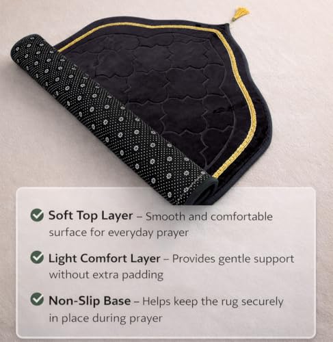 Islamika Prayer Mat Islamic Muslim Rug - Thick Padded mat Sajadah Men Women with Islam Prayer Beads for Eid Travel Ramadan, Soft and Padded (Black) - color: Black