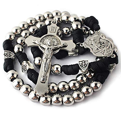 HanlinCC St.Michael Large Stainless Steel Catholic Paracord Rosary for Men - color: Black