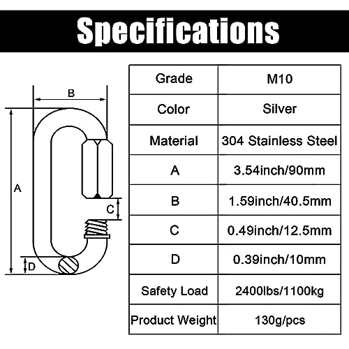Anvin 2 Pack Large Quick Links M10 3/8 Inch Heavy Duty Carabiner Stainless Steel Chain Links Connector D Shape Locking Chain Hooks Repair Utility Screw Links for Camping Outdoor Equipment Hammocks - style: Oval, 3.5 Inch, 2 Pack