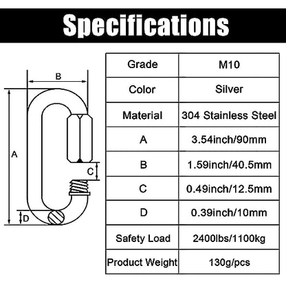 Anvin 2 Pack Large Quick Links M10 3/8 Inch Heavy Duty Carabiner Stainless Steel Chain Links Connector D Shape Locking Chain Hooks Repair Utility Screw Links for Camping Outdoor Equipment Hammocks - style: Oval, 3.5 Inch, 2 Pack