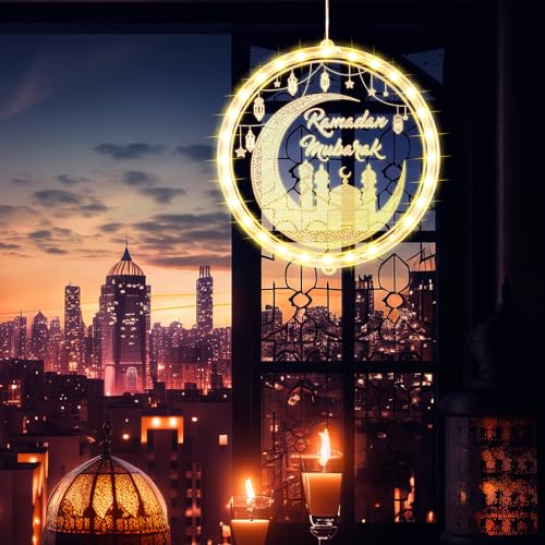 ROCEEI 3D 9.45" Ramadan Mubarak LED Window Lights Moon and Star Hanging Ornament with Suction Cup Ramadan Lights Decorations Indoor Outdoor Battery Operated for Bedroom Holiday Party