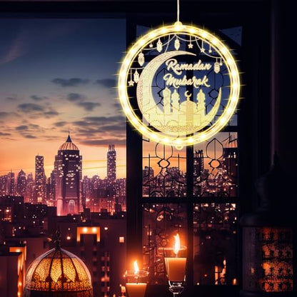 ROCEEI 3D 9.45" Ramadan Mubarak LED Window Lights Moon and Star Hanging Ornament with Suction Cup Ramadan Lights Decorations Indoor Outdoor Battery Operated for Bedroom Holiday Party