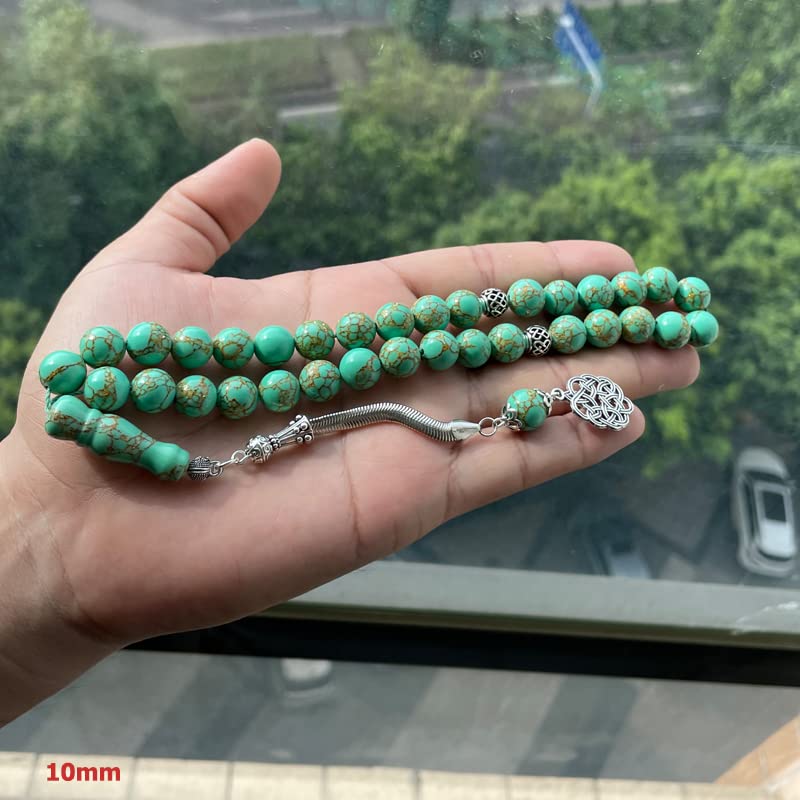 Tasbih Green Turquoise Stone Inside Gold Line Muslim Prayer Beads Islamic Rosary Beads Bracelet (12mm x 99 Beads) - size: 12mm x 99 beads