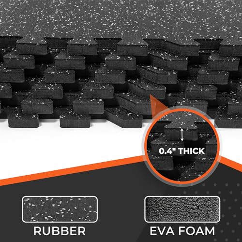 SUPERJARE 0.4'' Thick 12 Pcs 48 Sq Ft Rubber Top Exercise Equipment Mats, High Density EVA Foam Mats with Rubber Top, Interlocking Gym Flooring for Home Gym, Protective Workout Mat, Black/Grey - size: 12 Tiles (48 Sq Ft)