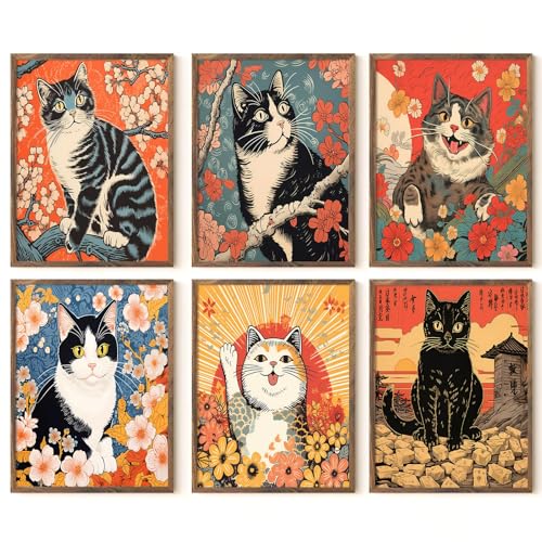 Japanese Cat Wall Art Funny Cat Canvas Poster Anime Wall Decor Asian Tattoo Prints Japan Wall Art Cute Artwork Tokyo Kitten Poster Vintage Pictures for Living Room Bedroom 12x16 Inch Unframed Set of 6 - color: Black Cat Prints, size: 12"x16" Unframed