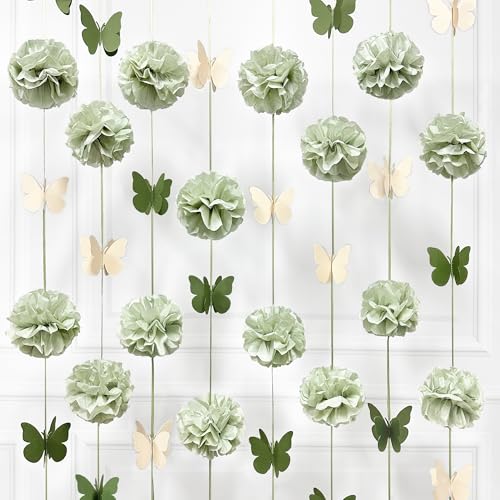 Sage Green Party Decorations Tissue Flowers Pom Pom Olive Green Beige 3D Butterfly Hanging Paper Garland Streamer Banner for Spring Themed Birthday Wedding Shower Tea Party Home Decor Supplies - color: dusty green butterfly