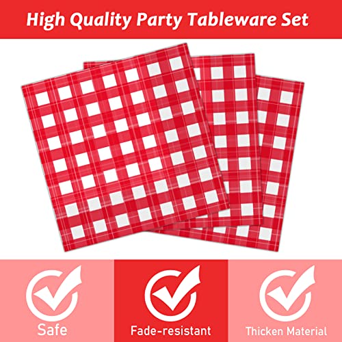 Tevxj 96 PCS Picnic Party Plates Red and White Gingham Checkered Plaid Party Tableware Barbecue Disposable Paper Plates Napkins Forks Birthday Party Decorations Supplies Favors for 24 Guests - style: Red and White Checkered