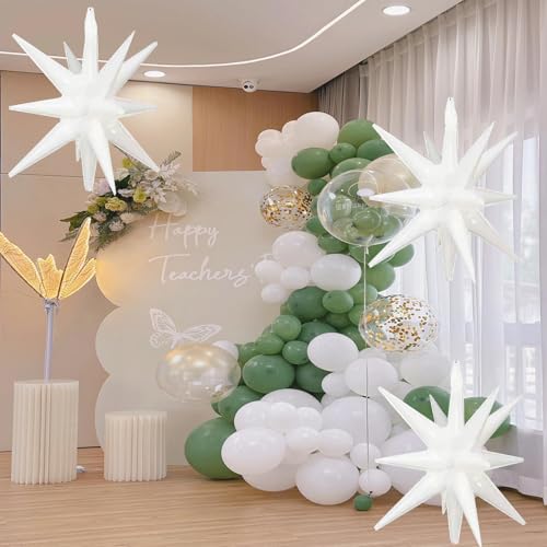 6 Pcs White Star Foil Balloons One-Piece 14-Pointed Star Balloon 4D Cone Mylar 22inch Christmas Birthday Wedding Fireworks Shape Party Supplies (White) ﻿ - color: White