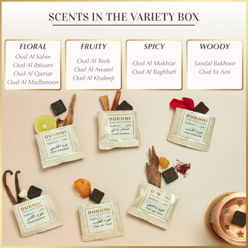 Oud Bakhoor Variety Box & Burner by Dukhni | Arabian Oudh Incense Set with Candle Incense Burner| 20 pcs Arabic bukhoor Incense Bricks, 10 Mixed scents | Islamic, Eid & Ramadan Gifts | Home Fragrance