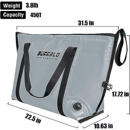 Buffalo Gear Insulated Fish Cooler - 27.5QT 58QT Waterproof Flat Bottom Bag, Leakproof and Fishing Kill Bag - color: Grey--45QT
