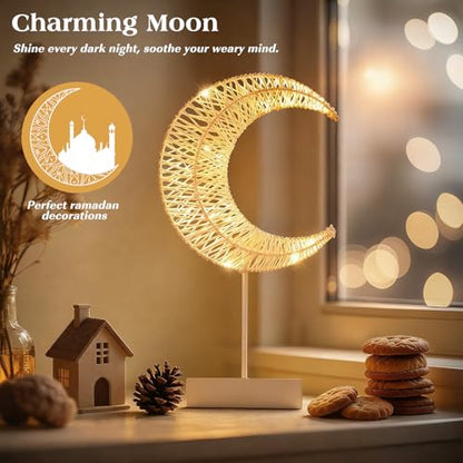 Lewondr Ramadan Decorations Moon Table Lamp, Moon Shape Rattan Ramadan Desk Lamp Battery Powered Light, Winding Thread LED Crescent Light for Home Bedroom Bedside Desktop Eid Mubarak Decorations - style: Warm White Moon