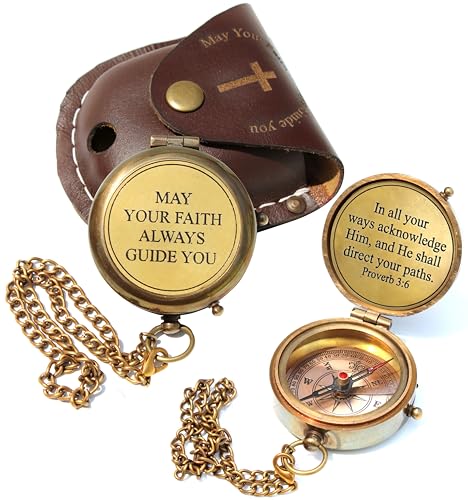 May Your Faith Always Guide You Engraved Working Compass with Leather Case Compass Religious Gift for Men & Women - Baptism, Confirmation, Communion Compass for Boys Graduation Gift
