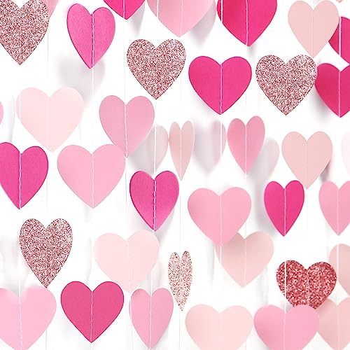 Hot-Pink Rose-Gold Party Decorations Heart-Garland - 52ft Wedding Bridal Shower Hanging Decoration Streamers Banner,Baby Girl Birthday Bachelorette Engagement Mohters Valentines Day Decor Panduola - color: Pink Rose Gold