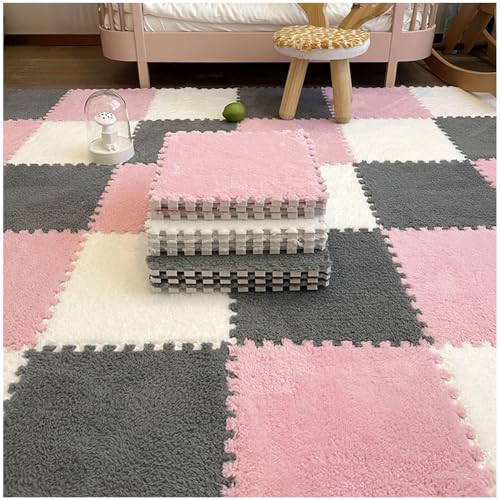 FYYSJW 10 Piece Plush Patchwork Foam Floor Mat, Soft Interlocking Floor Carpet Squares, Fluffy Puzzle Area Rug, 12 X 12 Inch,White+Gray+Pink - color: White+gray+pink