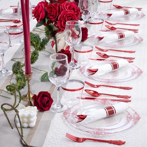 Hioasis 175pcs Clear and Red Plates - Red Party Plates for 25 Guest, Include 50 Heavy-duty Plates(20% Thicker Than Standard), 25 Pre Rolled Gold Plastic Silverware Set, 25 Cups for Graduation - color: Clear and Red