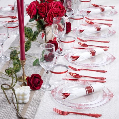 Hioasis 175pcs Clear and Red Plates - Red Party Plates for 25 Guest, Include 50 Heavy-duty Plates(20% Thicker Than Standard), 25 Pre Rolled Gold Plastic Silverware Set, 25 Cups for Graduation - color: Clear and Red