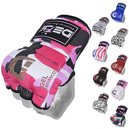 DEFY Padded Inner Gloves Quick 75cm Long Strap – Inner Boxing Gloves Gel Padded Knuckle Protection – Elasticated Boxing Hand Wraps for MMA Muay Thai Kickboxing Martial Arts Pair - color: Pink Camo, size: X-Large