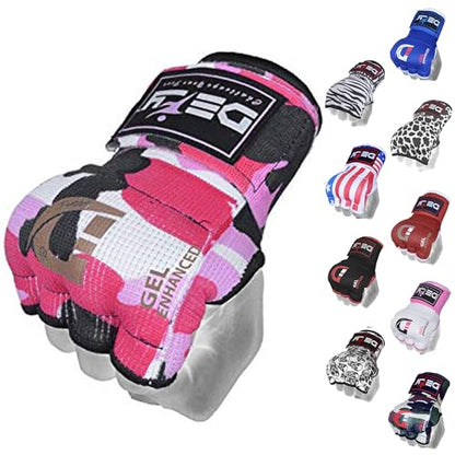 DEFY Padded Inner Gloves Quick 75cm Long Strap – Inner Boxing Gloves Gel Padded Knuckle Protection – Elasticated Boxing Hand Wraps for MMA Muay Thai Kickboxing Martial Arts Pair - color: Pink Camo, size: X-Large